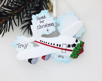 Home for Christmas Personalized ornament / Airplane Ornament / Travel Ornament / Hand Personalized Name or Message