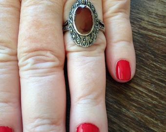 Sterling Silver Cornelian and Marcasite Ring
