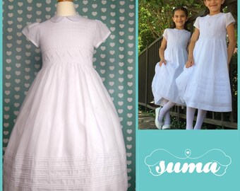Cotton First Communion Dresses Cotton fabric, White Smocked flower girl dresses