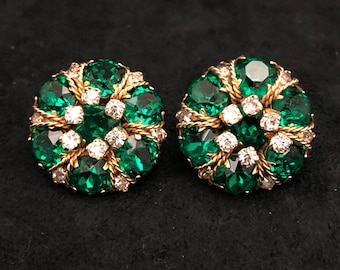 Green and Rhinestone Alice Caviness Clip on Earrings