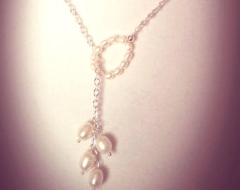 Pearl Lariat Necklace, White Freshwater Pearls, Minimalist Necklace, Bride, Bridesmaid, Bridal Jewelry, Prom, Forever Keepsake