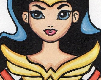 ACEO Original Miniature Painting Pop Art wonder Woman cartoon doll Art Artist Trading Card