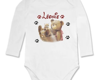 Baby Teddy bear and kitten personalized with name Bodysuit