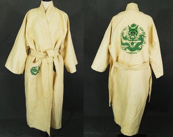 vintage 30s Dragon Kimono Robe - 1930s Raw Silk Embroidered Kimono - Cream Silk Asian Duster Dressing Gown Sz S M L