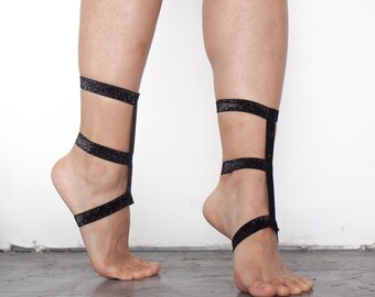 Black Sparkle Footsies-Glitter Barefoot Sandals - Heel fasteners - Ruby By kimB
