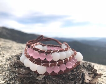 White &Pink Moonstone Wrap Bracelet