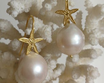 White Baroque pearl earrings and starfish in silver 925
