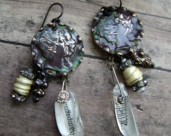 metal cameo earrings, romantic narrative jewelry, mixed metal assemblage jewelry, verdigris patina, asymmetrical jewelry, AnvilArtifacts