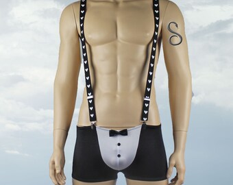 Mens Wedding Groom or Formal Tuxedo Shorts with Heart Braces