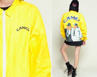 Tyvek Jacket CAMEL CIGARETTES 90s Windbreaker Camel Joe Smoker Thin Plastic Coat Bright Vintage Hipster Smoking Yellow Extra Large XL