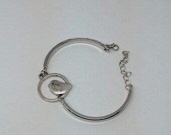 Very Cute Happy Bird Antique Silver Bangle Bracelet, Antique Silver-Tone Brass Bangle Bracelet