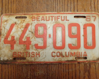 Vintage License Plate 1967, Old License Plate Vintage, Old License Plate Vintaqe, British Columbia License Plate, Red and White License