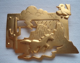 Vintage Signed JJ Goldtone Wild Horse Running in Desert Brooch/Pin
