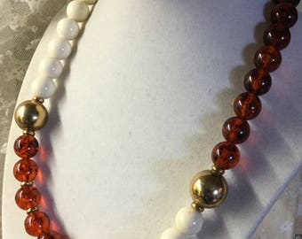 Lovely Amber White Gold Lucite Bead Necklace Unsigned Single Strand 1970's 1980's Simple Design Day Wear Feminine Office