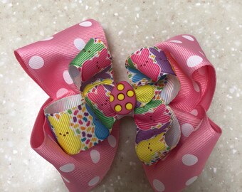 Easter Themed Pink Peeps 5 Inch Bow Boutique Bow with Alligator Clip Polka Dots