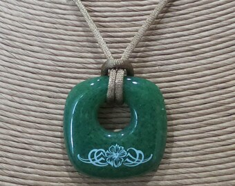 Green Fused Glass Pendant with White Floral Detail, Donut Pendant, Fused Glass Jewelry, Ready to Ship - Elegance -6
