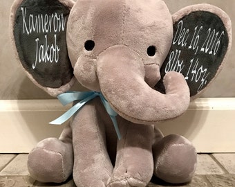 Personalized 9" Decorative Stuffed Plush Elephant. Perfect for memorial dedication baptism baby first Christmas