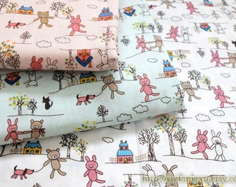 Japanese Cotton Fabric-French Style Petit Animal Bunny and Bear In The Woods (Fat Quarter)