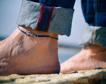 Anchor anklet for men, men's anklet with a silver anchor, blue cord, anklet for men, gift for him, men's ankle bracelet, nautical jewelry