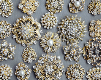 SALE 10 pcs Assorted Rhinestone Button Brooch Embellishment Gold Pearl Crystal Wedding Brooch Bouquet Cake Hair Comb BT099