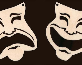 Theater Drama Masks Comedy Tragedy Natural Craft Wood Cutout 1176