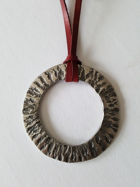 Girlfriend Valentine Jewelry Romantic Gift Pendant Necklace on Hand Dyed Scarlet Leather Strap 17" One of a Kind Hand Forged Ships Worldwide
