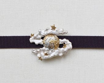 OBIDOME "Moon Night" Obi Brooch with Obijime cord Japanese kimono accessory tin casting