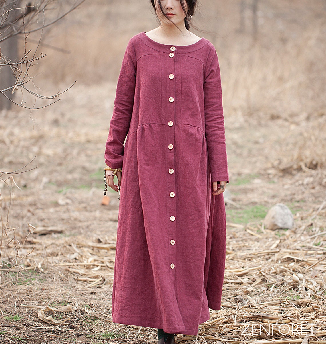 Long coat-dress classic Round neck Linen coat-dress