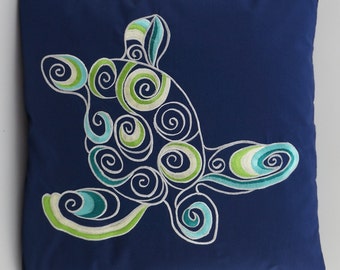 Turtle Pillow Cover, Embroidery, Nautical Pillow, Beach decor, Decorative Pillow, Accent Pillow, 18"x18", Navy, Ready to ship