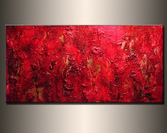 Painting Red Texture Abstract Painting, Contemporary Wall Art Modern Red Abstract by Henry Parsinia Large 48x24