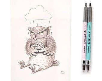 Drawlloween Day 21 Grumpy Owl by Grelin Machin - original drawing on paper