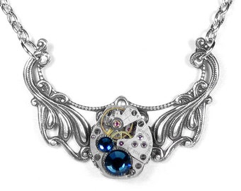 Womens Steampunk Necklace Vintage Ruby Watch Neo Victorian Silver Filigree Blue Crystal Wedding Holiday Gift - Jewelry by Steampunk Boutique