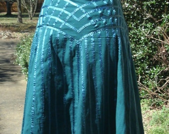 VINTAGE HIPPIE SKIRT, Teal Turquoise Blue India Cotton, Knee-Length, Ribbonwork decoration, Boho Chic, gypsy bohemian, summer festival wear