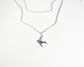 Tiny Bird, Layered Necklace Set, Dove, Sparrow, Sterling Silver Bird Necklace, Flying Bird Bridesmaid, Wedding Bird, Swallow Necklace