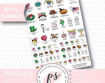 Various Holiday & Public Holiday Icons Printable Planner Stickers | JPG/PDF/Silhouette Compatible Cut Files