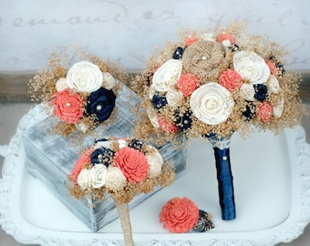 Wedding Flowers - Coral Orange + Navy // Bridal Bouquet Burlap Wedding Bouquet Bride Bridesmaid Rustic Dried Flowers Wedding Bouquet Set