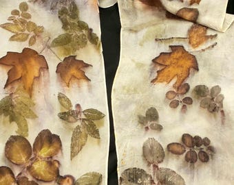 Ecoprinted Silk Scarf, All Natural Design with rose, maple & oaks by Artist, Wallhanging, sustainable art 8" x 72" 127C, Free USA shipping