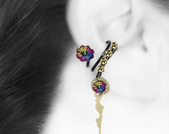 Rainbow Swarovski Crystal Ear Cuff, No PIercing Needed, Steampunk Cuff, Cartilage Earring, Electra Swarovski Crystal, Kronos III v9