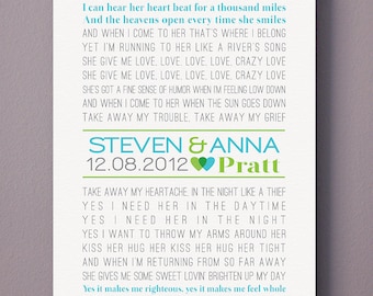 Personalized CANVAS Art (custom wedding song, lyric art, first dance song) in blue & green, custom colors