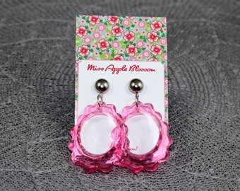 Vintage inspired earrings, pendant earrings big loop pink/pink, 60s