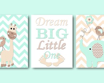 Aqua Brown Elephant Giraffe Nursery Quotes Canvas Wall Art Nursery Art Print Childrens Wall Art Baby Boy Nursery Art Nursery Decor set of 3