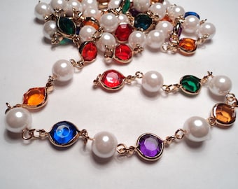 3 ft. - Gold plated faux pearl/multi color channel link chain - m233