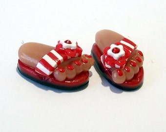 Handmade from Polymer Clay Red with White Striped Flip Flop BEADS