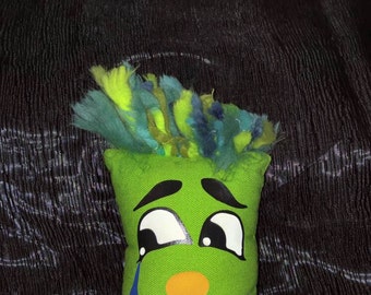 Puppet to puppet child's hand. Lime green dog. Lime green puppet