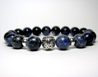 Mens Silver Sodalite Bracelet, Mens Beaded Bracelet, Mens Sodalite Bracelet, Stretch Bracelet, Gemstone Bracelet, Bracelet for Men