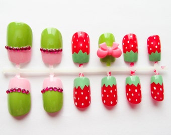 Strawberry Fake Nails, Kawaii Nails, 3D Nails, False Nails, Press on Nails, Cute, Bow, Strawberries, Sweet Lolita, Fake Nails
