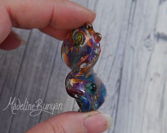 Super Unique Twisted purple Rainbow with Swirls, warped, weird, crazy Lampwork Focal Bead, spiral, golden, raindrop, dewdrop