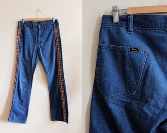 1960s Jeans / Vintage Lee Ribbon Trim High Waist Flare Jeans