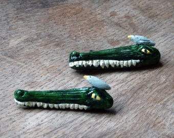 Crocodile and Bird Brooch Scarf Pin