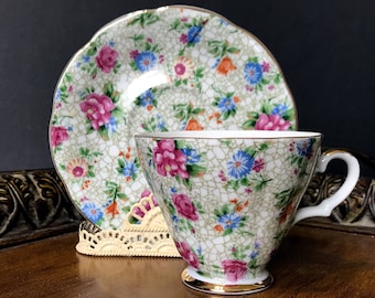 Lefton Tea Cup, Chintz on Footed Teacup and Saucer, Made in Japan -K